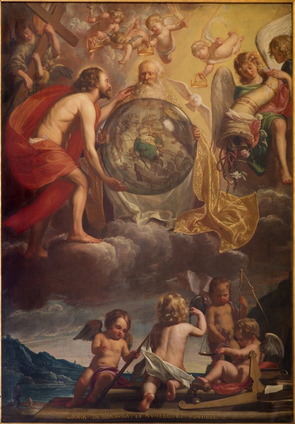 Bruges, Belgium, Paint of the Holy Trinity at the creation probably by Jan Anton Garemjin (1712 - 1799) in st. Giles (Sint Gilliskerk).